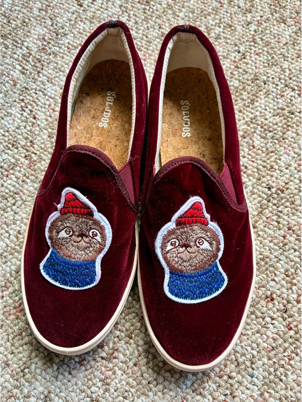Soludos Maroon Velvet Sloth Embroidered Slip-On Sneakers Size 8.5 / EU 39